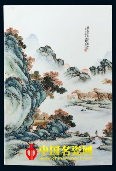 民国 汪野亭粉彩山水瓷板