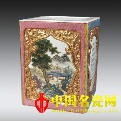 张松茂款粉彩山水笔筒