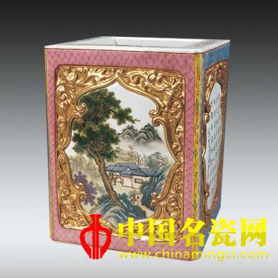 张松茂款粉彩山水笔筒