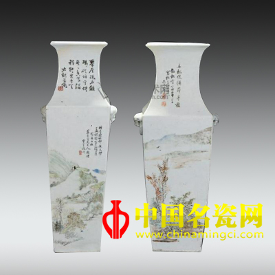 浅降彩书画集锦兽耳四方大瓶