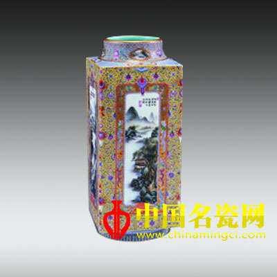 民国 仿乾隆粉彩开光“山水图”琮式瓶