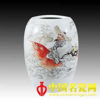 王隆夫 粉彩「琴高跨鲤」瓷瓶