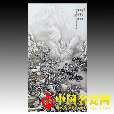 张松茂 粉彩瑞雪迎春图瓷板 