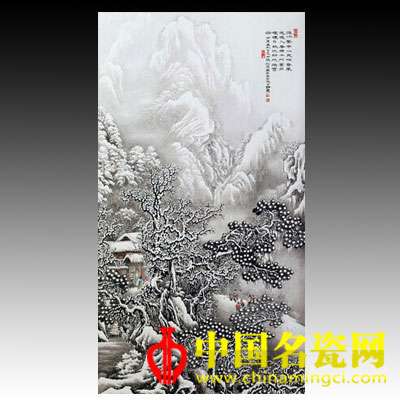 张松茂 粉彩瑞雪迎春图瓷板 