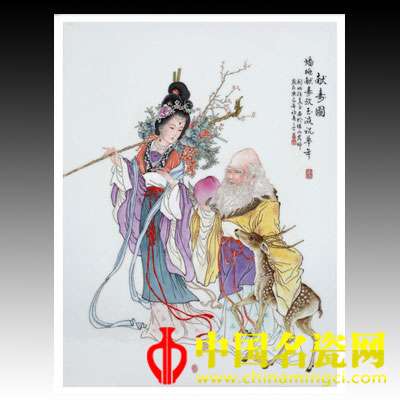 任义平&nbsp; 粉彩献寿图瓷板