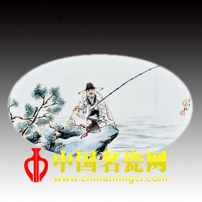 俞瑞林 江边独钓•粉彩瓷板