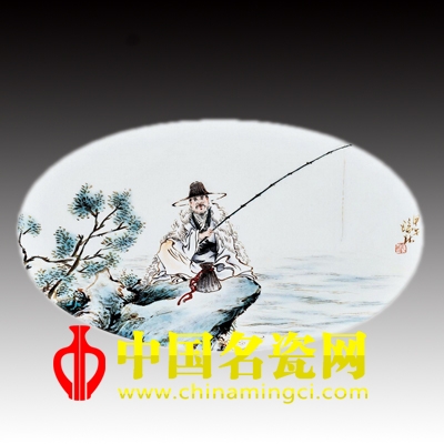 俞瑞林 江边独钓•粉彩瓷板