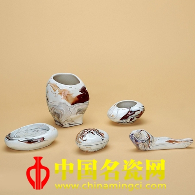 涂金水 大理石釉五头文具 