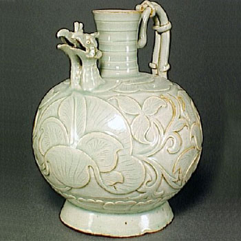 北宋 耀州窑印花双凤首流把壶