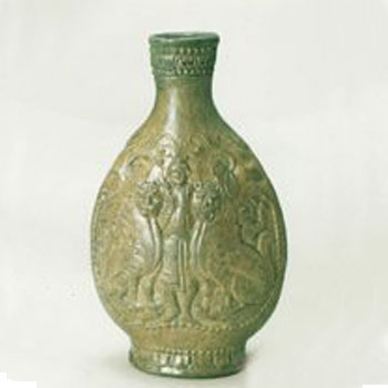 唐 铜川窑黄釉胡人狮子扁壶 