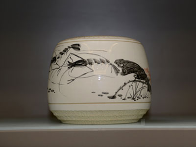 扒村窑白底黑花盆